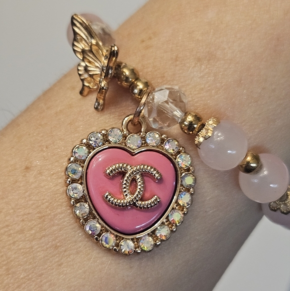 Glass Beaded Bracelet With Stamped CHANEL Crystaled Pink Heart Replacement Charm - Picture 2 of 9